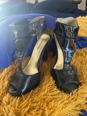 Michael Antonio Black Patent Open-Toe Ankle-Cuff Heels
